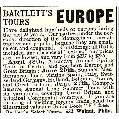 Bartlett's Select Tours of Europe Walnut Philadelphia 1903 Ad AF8-S25