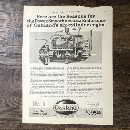 Oakland Motor Car Co Six Cylinder Engine Pontiac MI Vtg Magazine Ad 10x14 V11