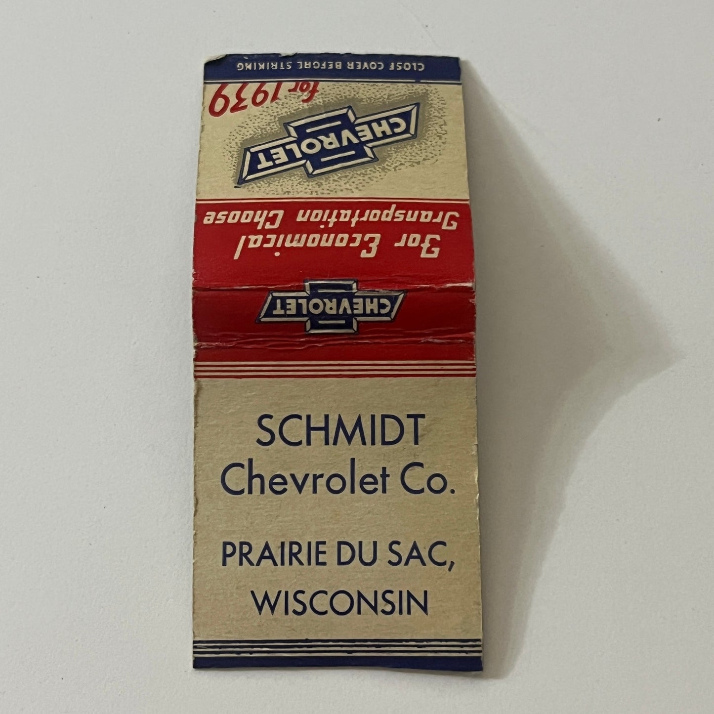 1939 Schmidt Chevrolet Co Prairie Du Sac WI Vintage Matchbook TB6-MB2-11