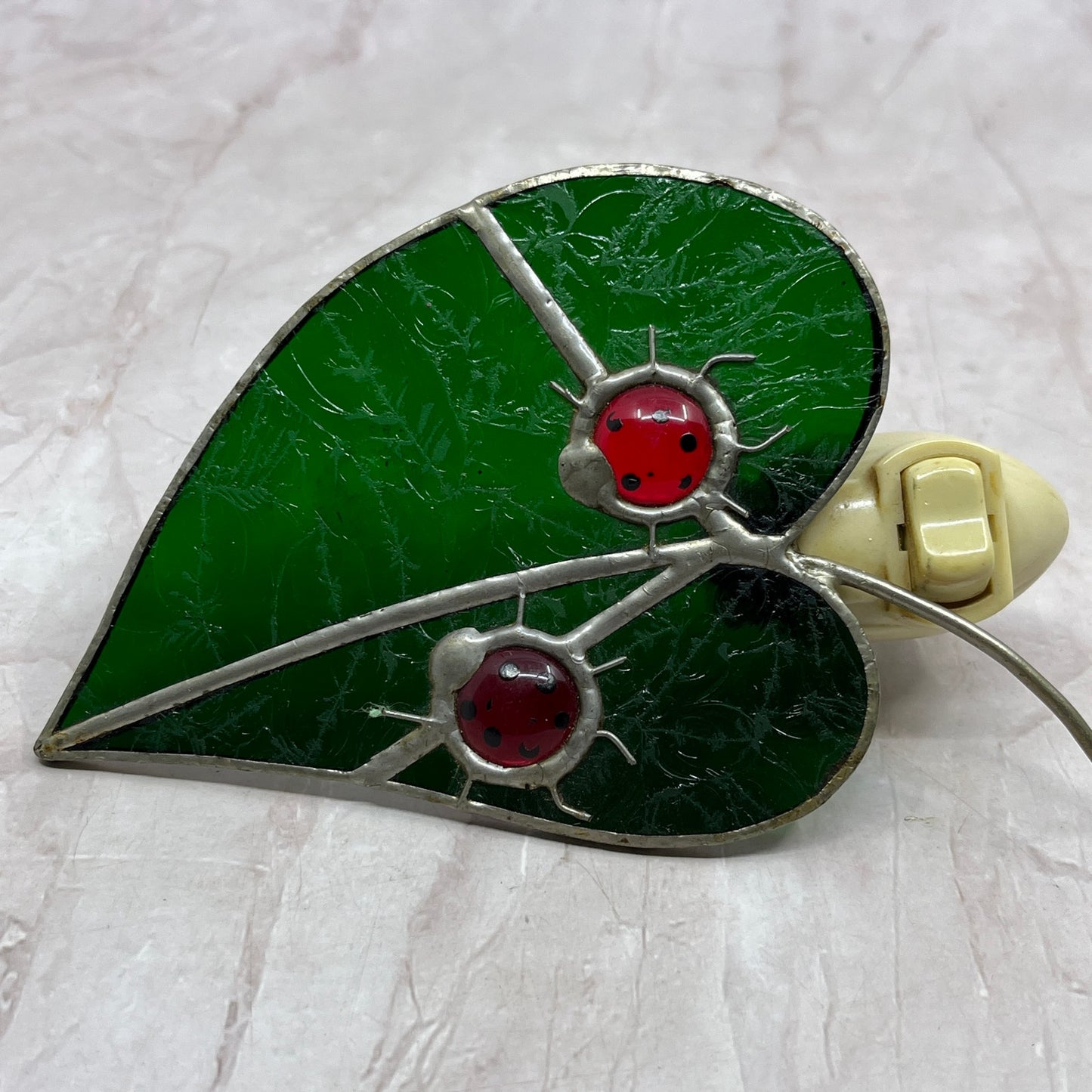Vintage Ladybugs on Leaf Stained Glass Suncatcher Nightlight TH9