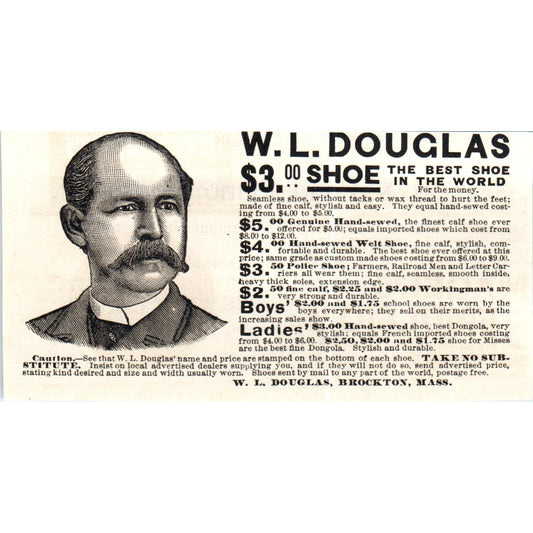 W.L. Douglas Shoe Company Brockton MA c1890 Victorian ad AE8-CH3