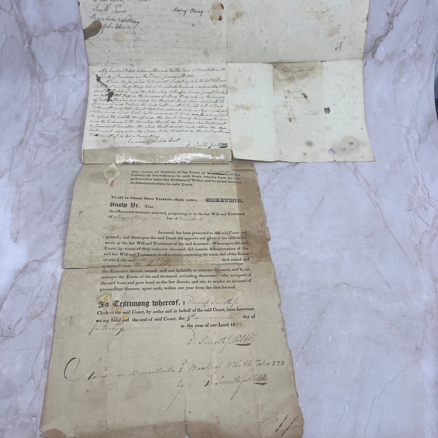 1833 Last Will and Testament of Mary Olney Burrillville RI, David Smith Jr AE6
