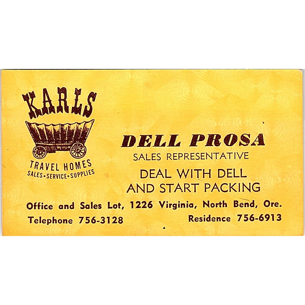 Karls Travel Homes Dell Prosa North Bend Ore Vintage Business Card SB4-B5