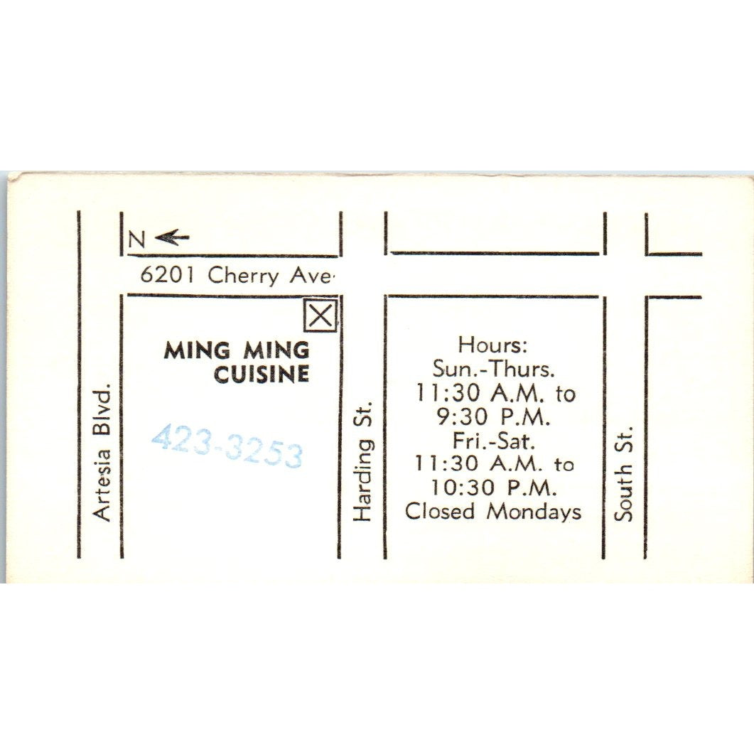 Ming Ming Cuisine Chinese Restaurant Long Beach CA Vintage Business Card SE3-B6