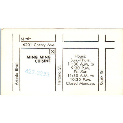 Ming Ming Cuisine Chinese Restaurant Long Beach CA Vintage Business Card SE3-B6