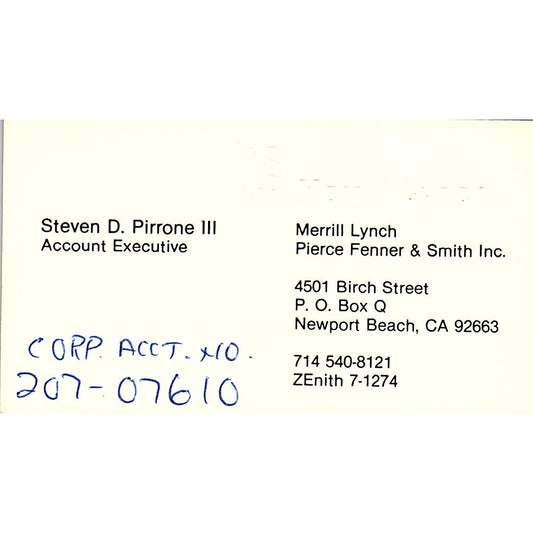 Merrill Lynch Jack Steven D. Pirrone Newport Beach CA Business Card SB4-B1