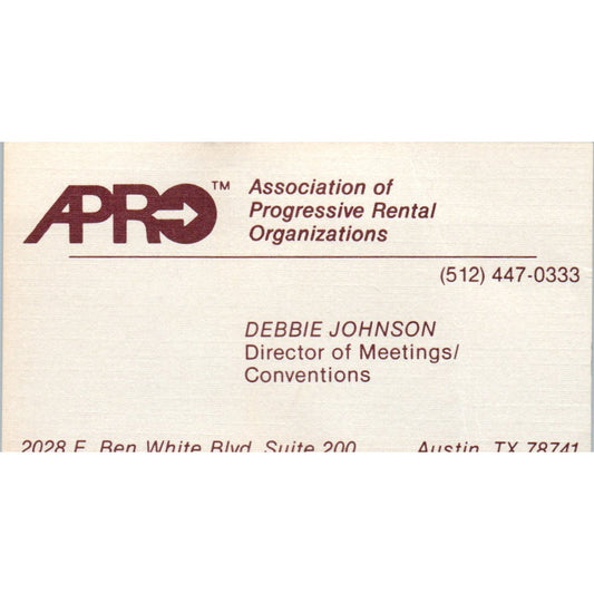 APRO Debbie Johnson Austin TX Rental Organizations Vintage Business Card SD8-B5