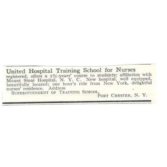 United Hospital Training School for Nurses Port Chester NY c1918 Ad AE5-SA7