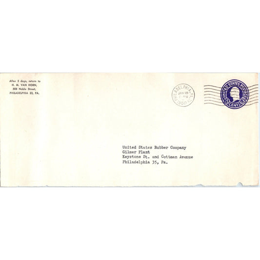 1950 H.M. Van Horn Philadelphia PA Postal Cover Envelope TH9-L1