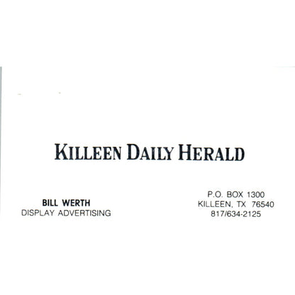 Bill Werth Killeen Daily Herald Killeen TX Vintage Business Card SD8-B20
