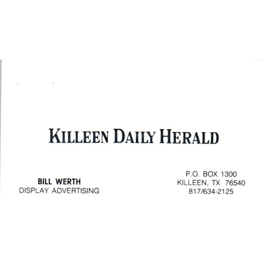 Bill Werth Killeen Daily Herald Killeen TX Vintage Business Card SD8-B20