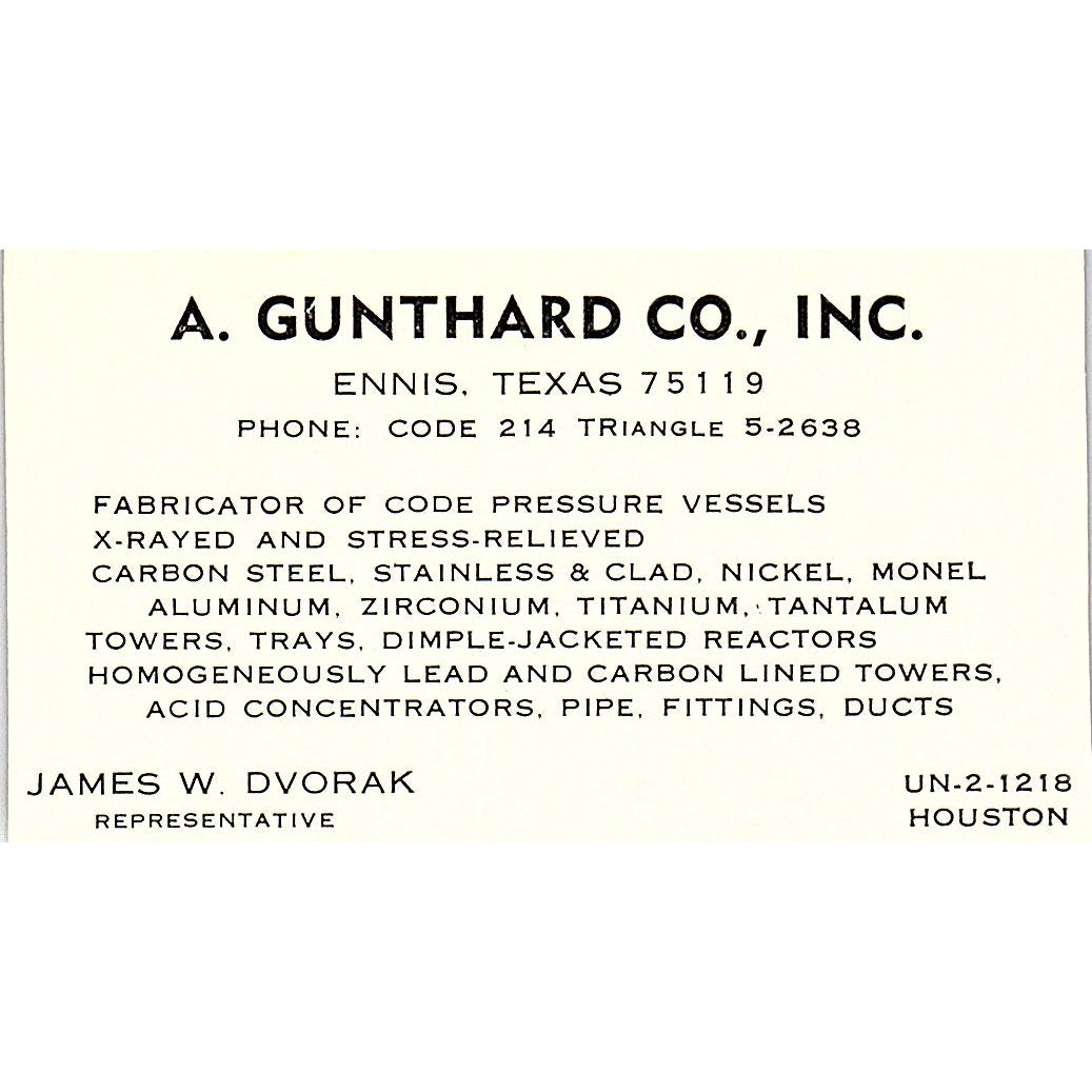 James W Dvorak A. Gunthard Co Ennis TX Vintage Business Card SE5-B2