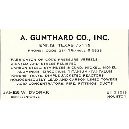 James W Dvorak A. Gunthard Co Ennis TX Vintage Business Card SE5-B2