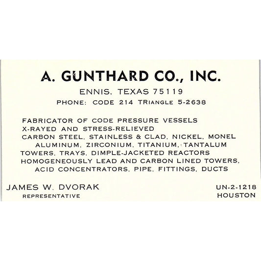James W Dvorak A. Gunthard Co Ennis TX Vintage Business Card SE5-B2