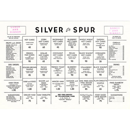 1950s SIlver Spur Cafe West Yellowstone Montana Souvenir Menu AF9-H2