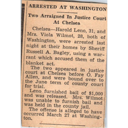 1940s Article Harold Leno, Viola Wilmot Arrested Judge O. Fay Chelsea Cty AF7-E7