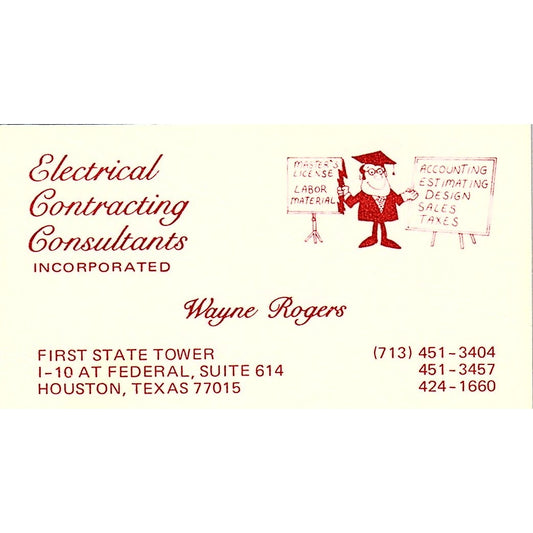 Electrical Contracting Consultants Wayne Rogers TX Vintage Business Card SF3-B7
