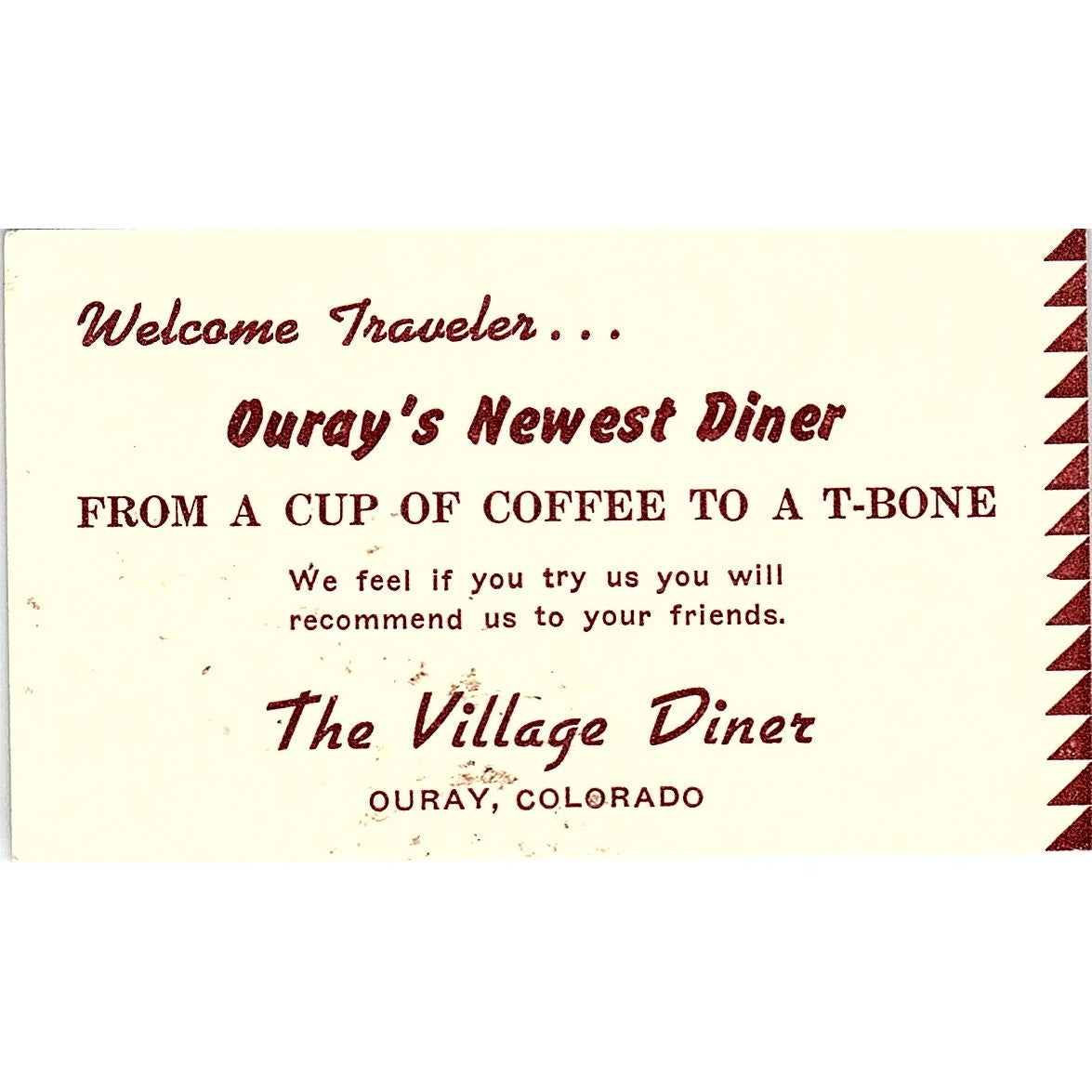 1950s The Village Diner Business Card Ouray Colorado AF9-S5