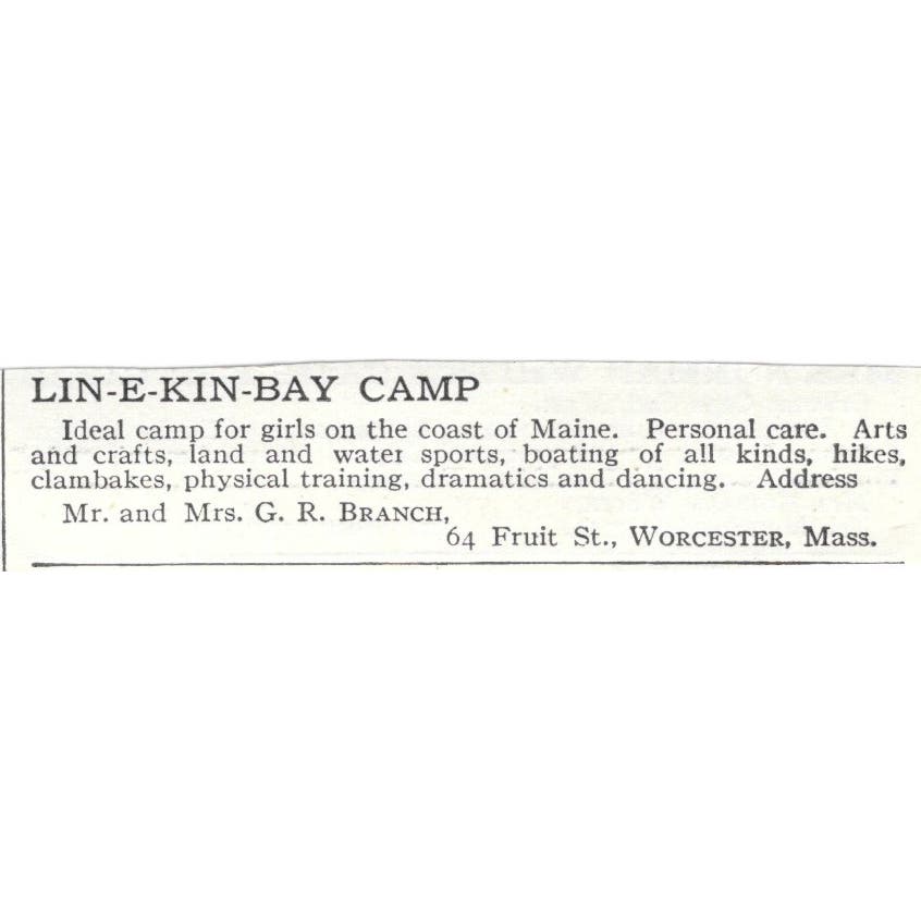 LIN-E-KIN-BAY Camp Maine G.R. Branch c1918 Original Advertisement AE5-SA10