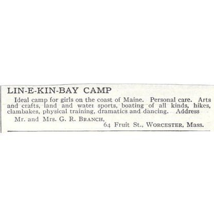 LIN-E-KIN-BAY Camp Maine G.R. Branch c1918 Original Advertisement AE5-SA10
