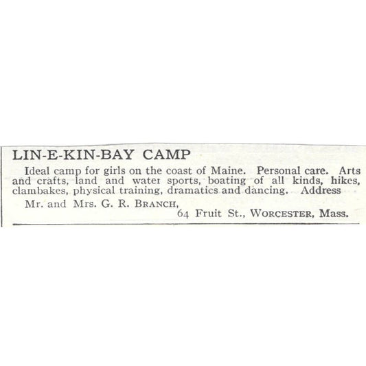 LIN-E-KIN-BAY Camp Maine G.R. Branch c1918 Original Advertisement AE5-SA10