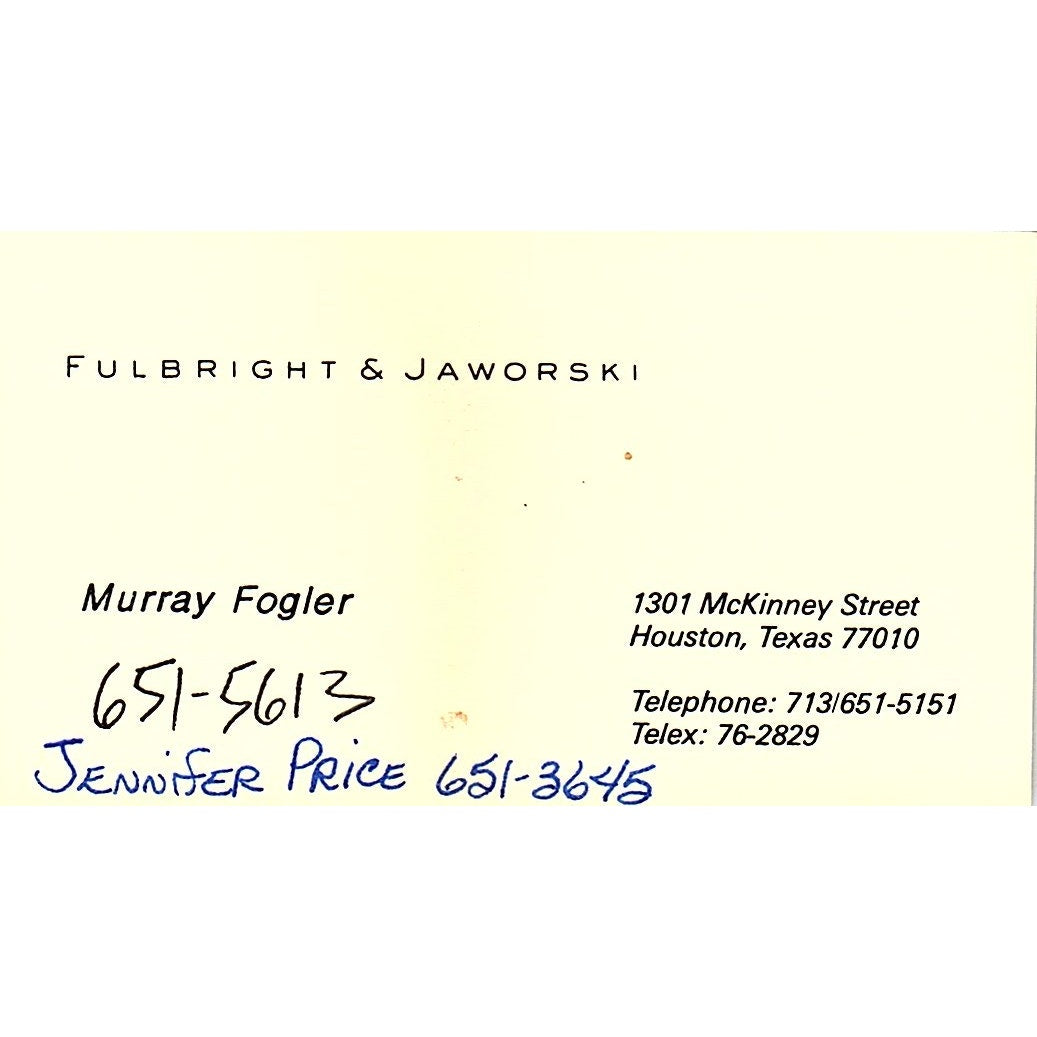 Murray Fogler Fulbright & Jaworski Attorney Houston TX Vtg Business Card SE3-B12