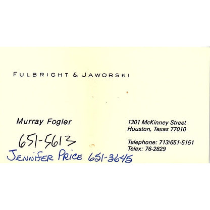 Murray Fogler Fulbright & Jaworski Attorney Houston TX Vtg Business Card SE3-B12