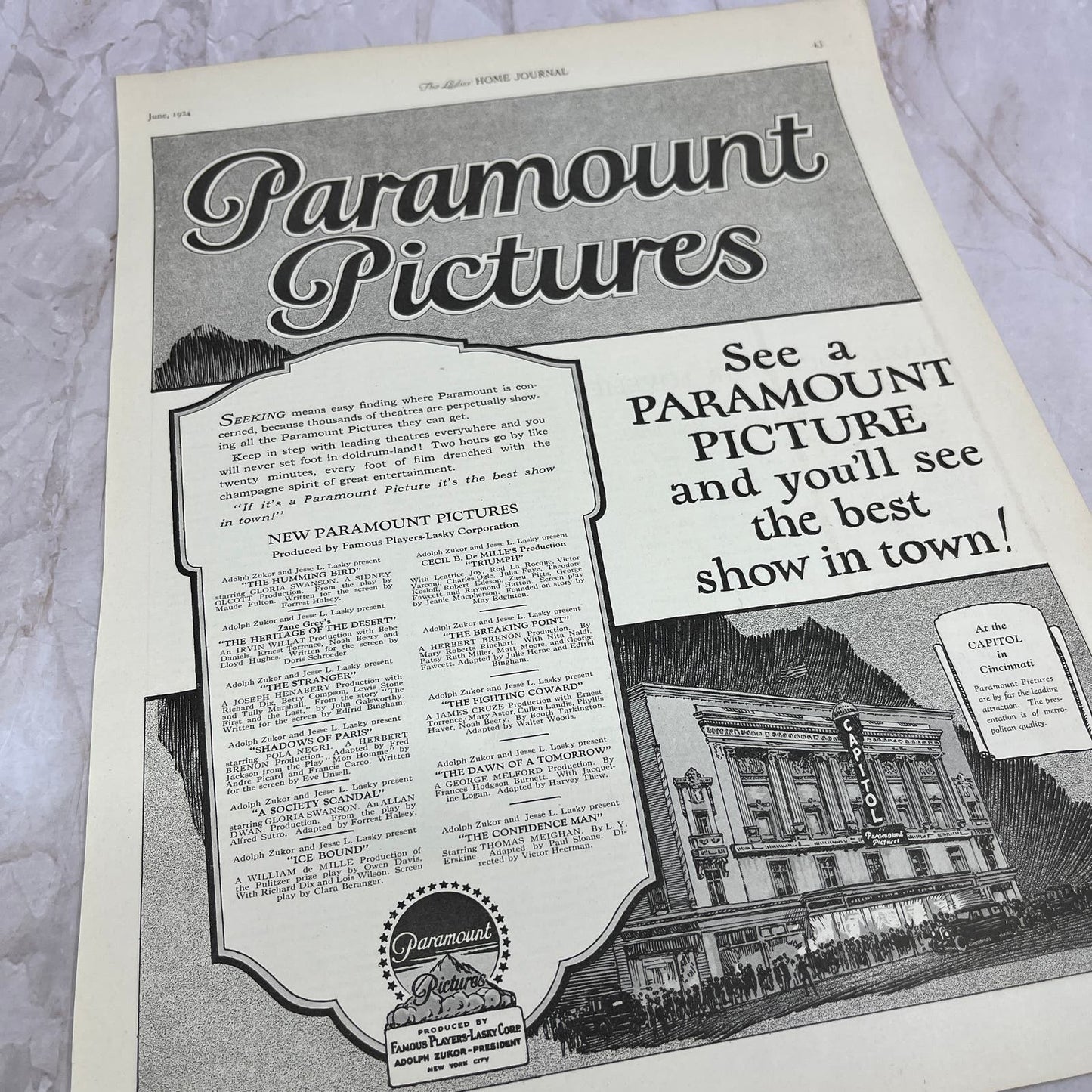 Paramount Pictures at the Capitol Theatre in Cincinnati 1924 Magazine Ad FL6-11