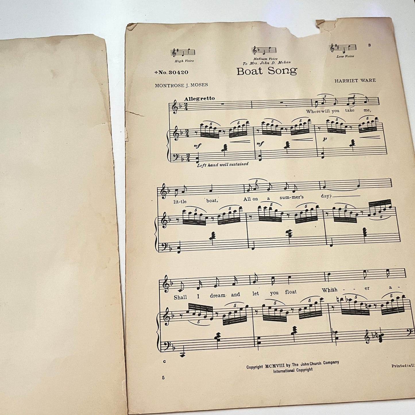 Boat Song - Montrose J Moses Harriet Ware 1908 Sheet Music V41-3