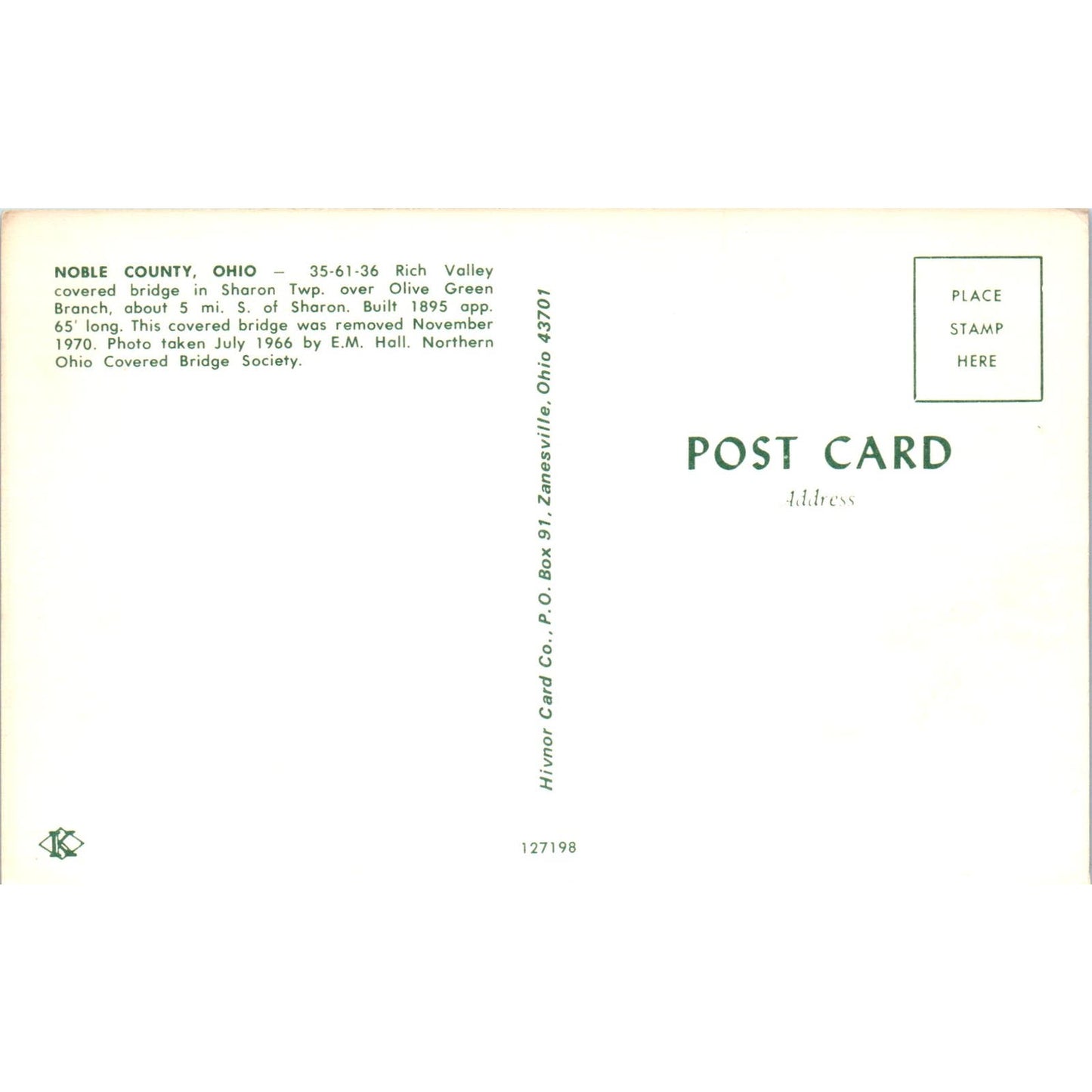 Noble County Sharon Twp Olive Green Branch Ohio Covered Bridge Postcard PC5