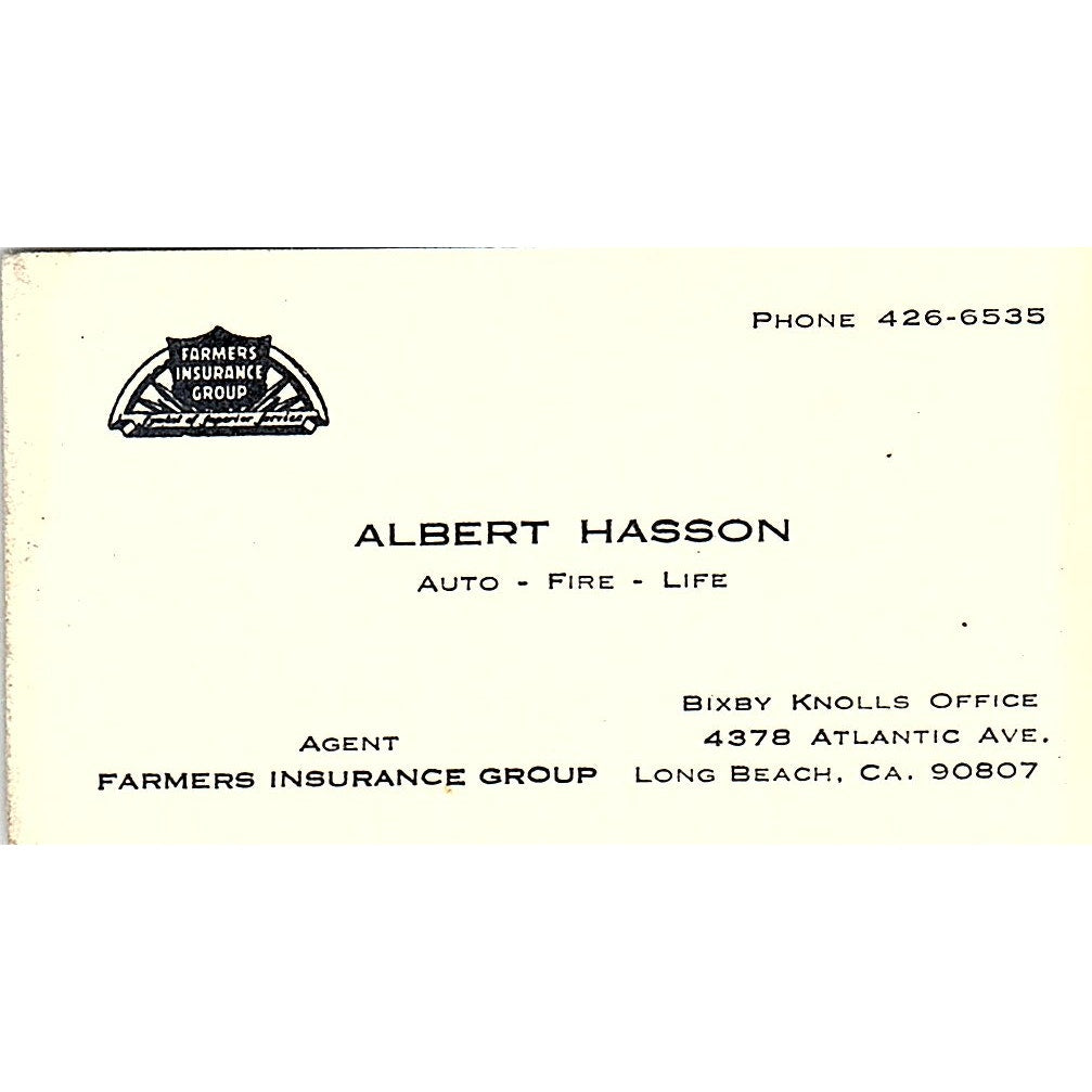 Farmers Insurance Group Albert Hasson Long Beach CA Vintage Business Card SB4-B3