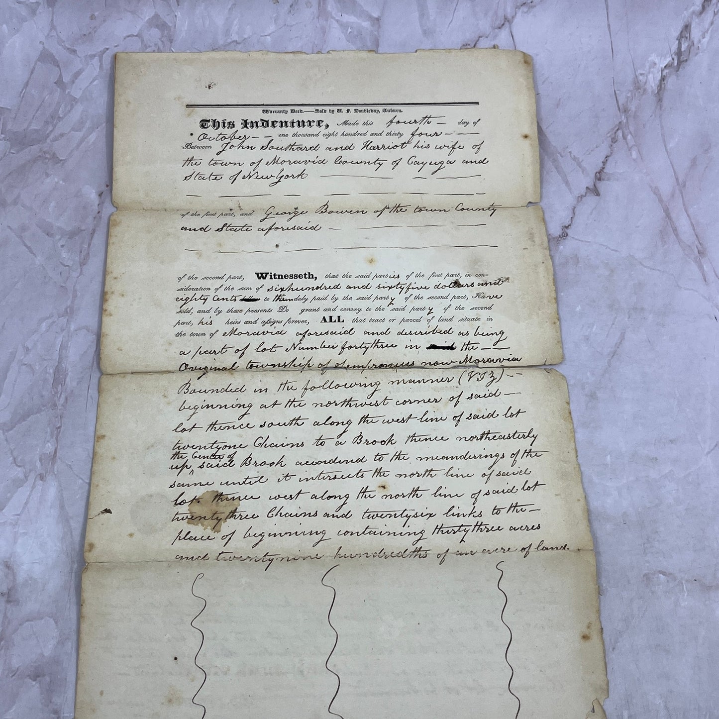 1834 Moravia Cayuga County NY Deed John Southard George BowenTJ5-E2