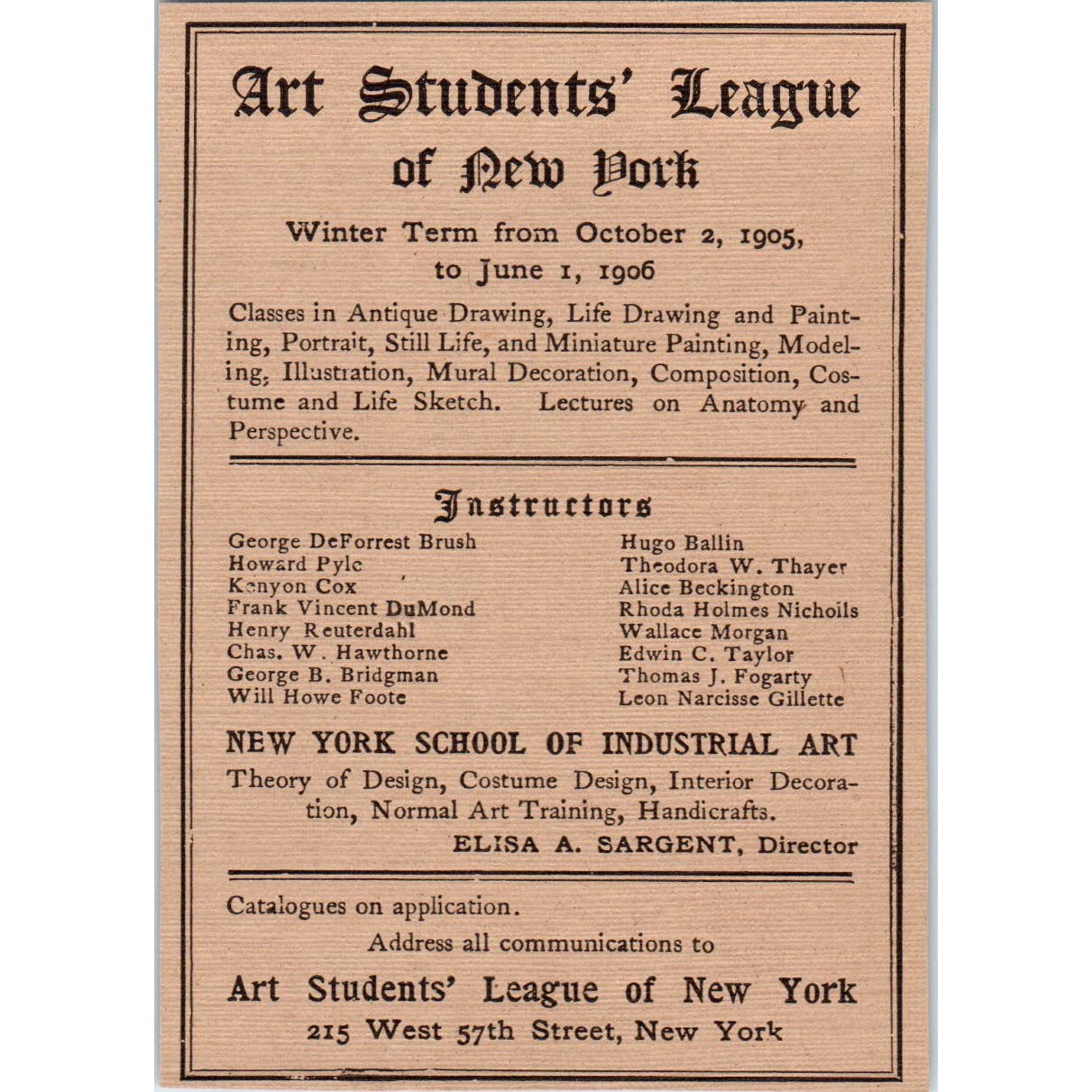 The Art Student League of New York 1905-06 Winter Term Victorian Ad AE9-MA8