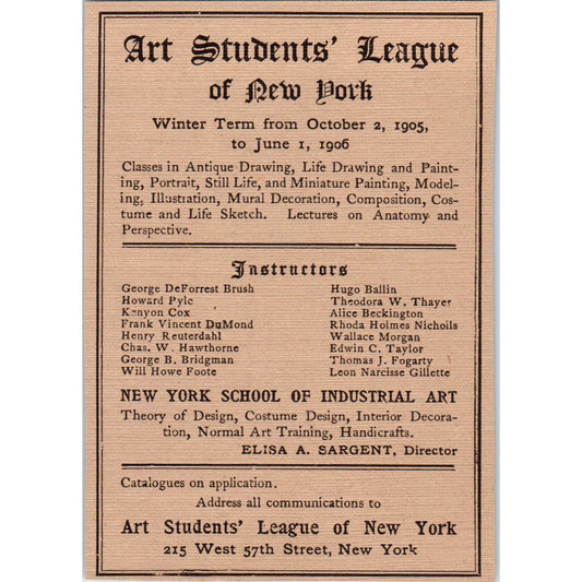 The Art Student League of New York 1905-06 Winter Term Victorian Ad AE9-MA8