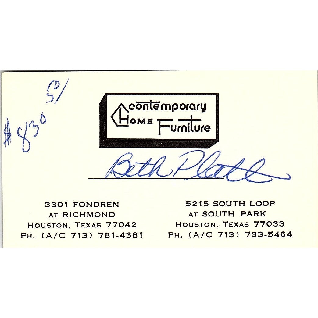 Contemporary Home Furniture Beth Platt Houston TX Vintage Business Card SF3-B2