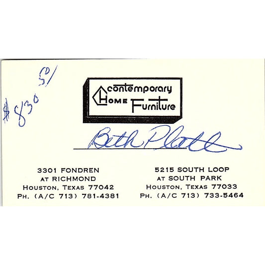Contemporary Home Furniture Beth Platt Houston TX Vintage Business Card SF3-B2