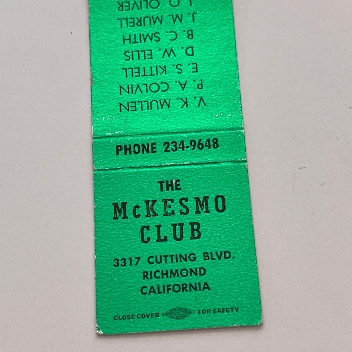 The McKesmo Club Richmond CA Vintage Matchbook Cover TB6-MB2-3