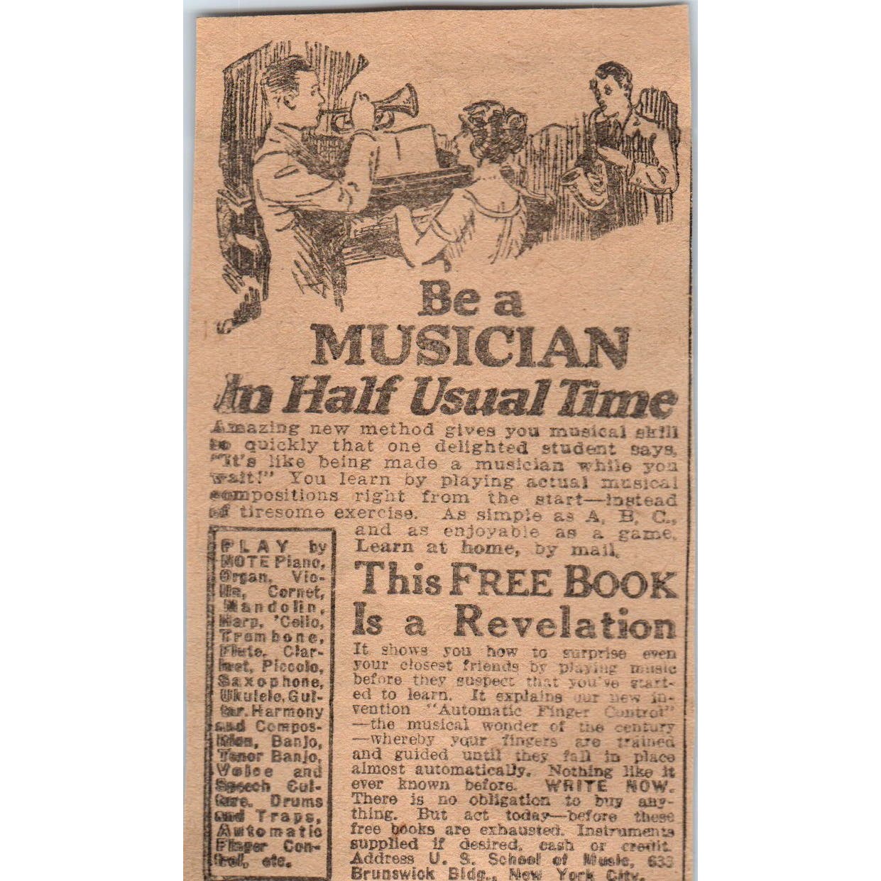 US School of Music NY Learn to Be a Musician Free Book 1923 Magazine Ad AE1-5