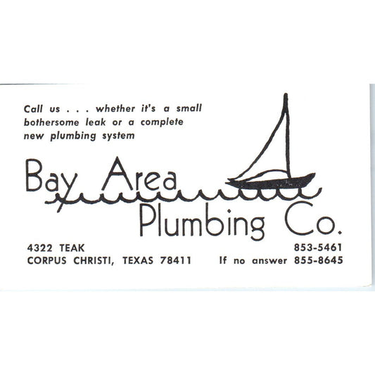 Bay Area Plumbing Co Corpus Christi TX Vintage Business Card SD4-B1
