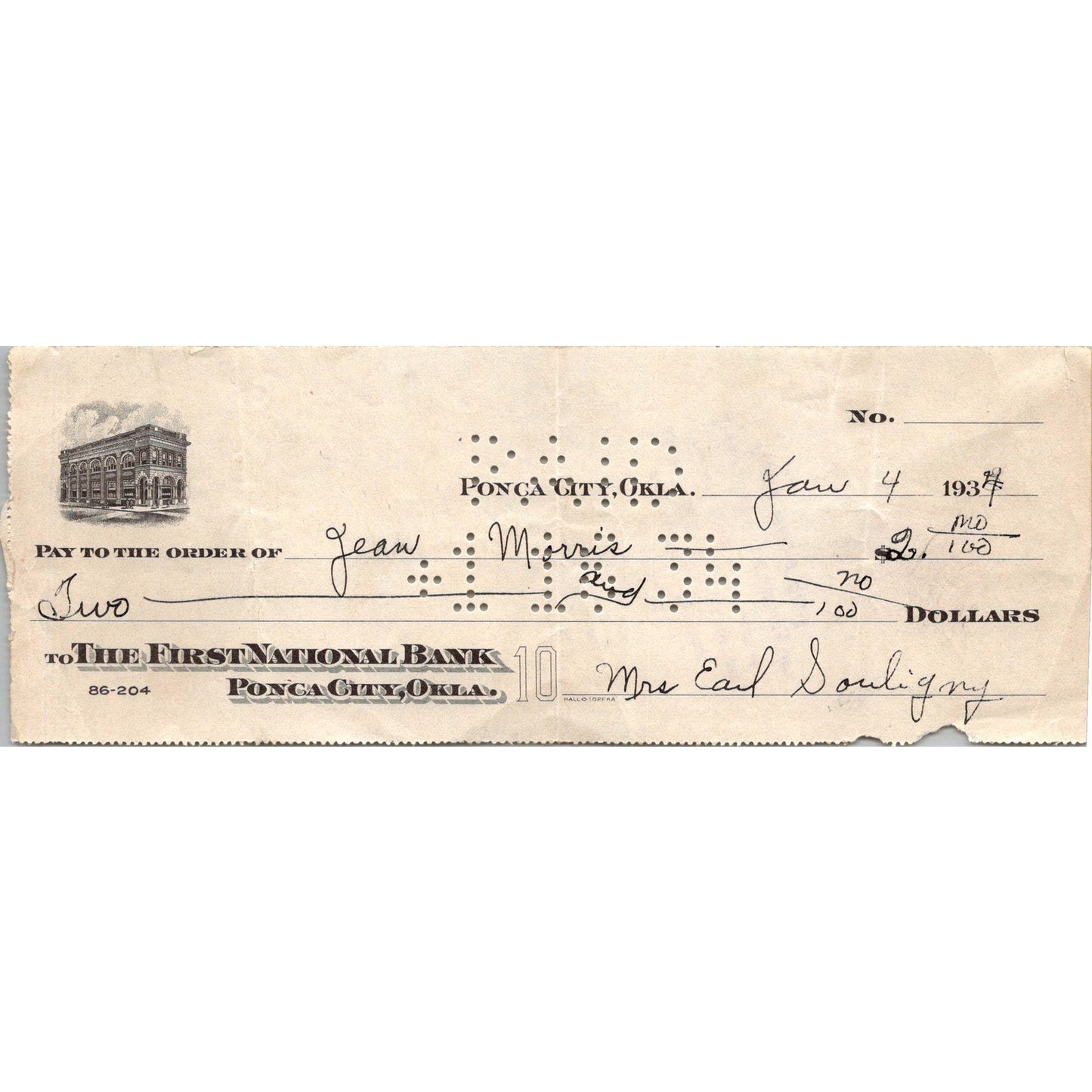 1934 Ponca City Oklahoma First National Bank Check AK7-4