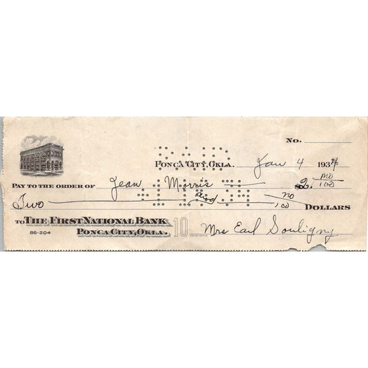 1934 Ponca City Oklahoma First National Bank Check AK7-4