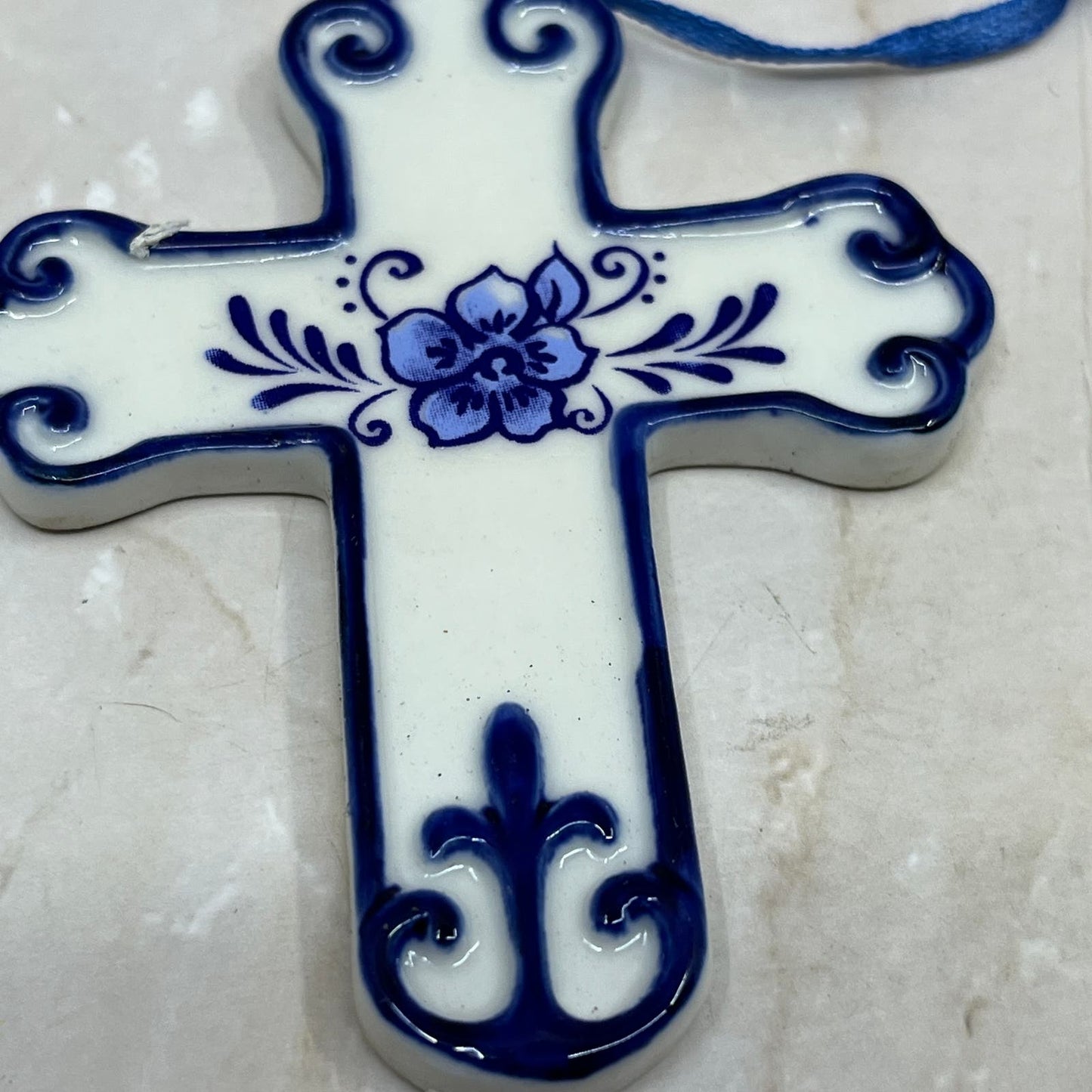 Kurt S. Adler Porcelain Delft Blue Cross Christmas Ornament 3x3.5” TD5