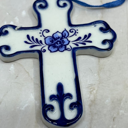 Kurt S. Adler Porcelain Delft Blue Cross Christmas Ornament 3x3.5” TD5