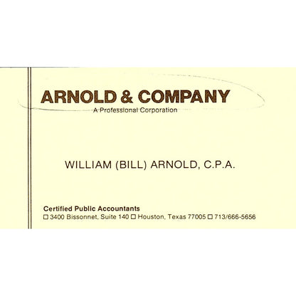 William Bill Arnold CPA Arnold & Co Houston Vintage Business Card SD9-B1
