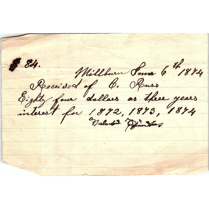 1874 Handwritten Receipt C. Russ Millburn NJ AF4-1