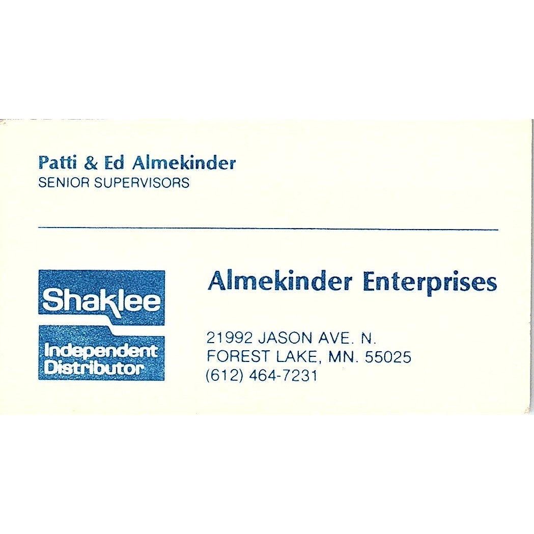 Patti & Ed Almekinder Enterprises Shaklee Forest Lake MN Business Card SD9-B9