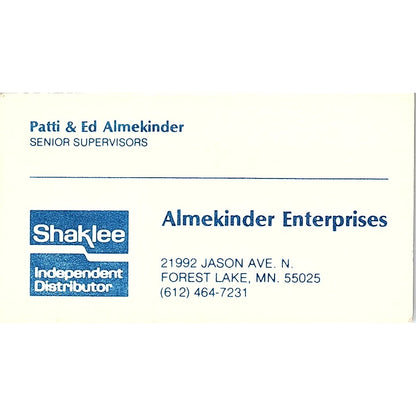 Patti & Ed Almekinder Enterprises Shaklee Forest Lake MN Business Card SD9-B9