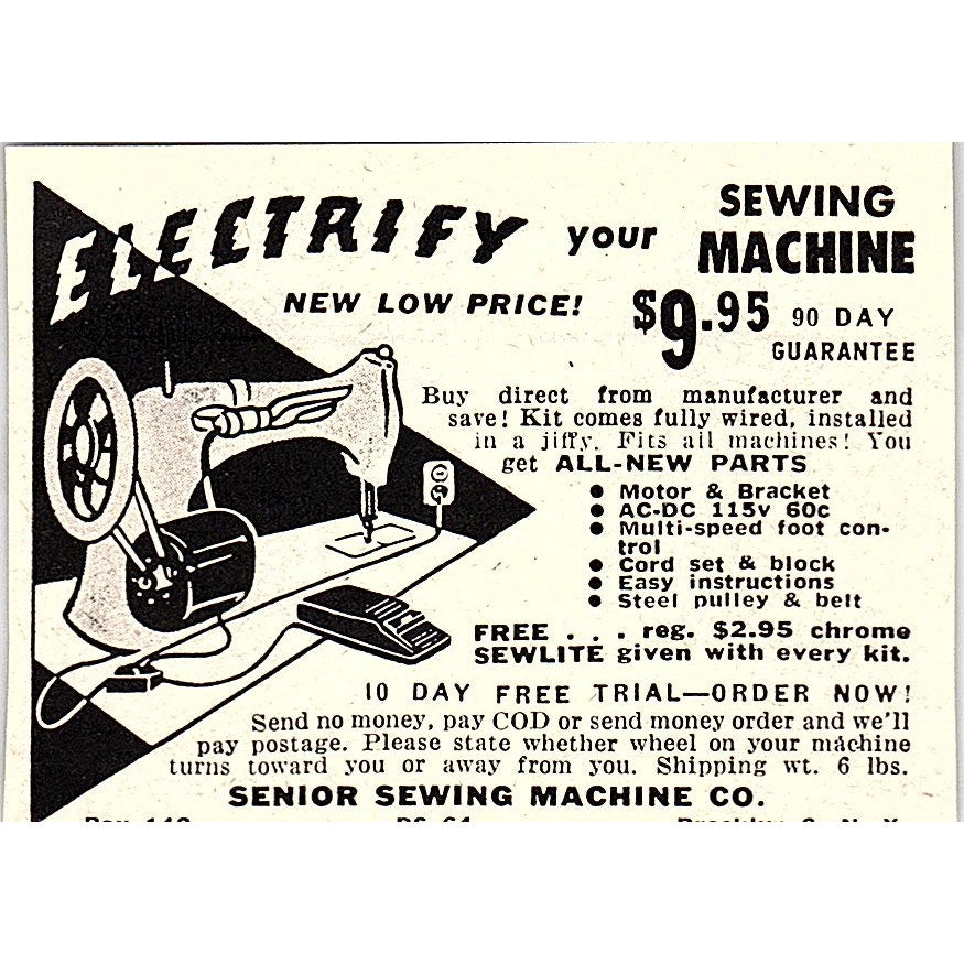 Electrify Your Sewing Machine - Senior Sewing Machine Co Brooklyn 1955 Ad AF9-S5