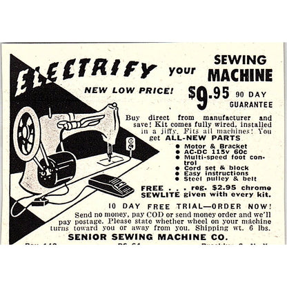 Electrify Your Sewing Machine - Senior Sewing Machine Co Brooklyn 1955 Ad AF9-S5