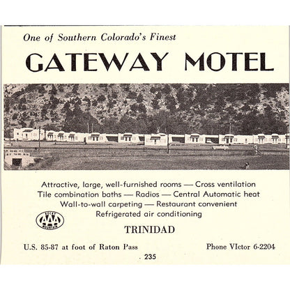 Gateway Motel, Trinidad CO 1958 Ad AG1-H6
